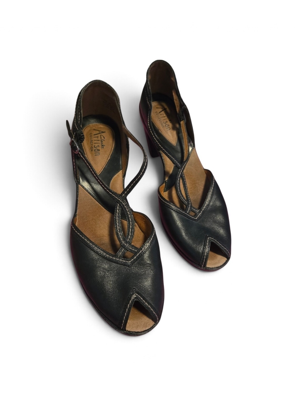 Clarks Black Leather Crisscross Peep-Toe Heels